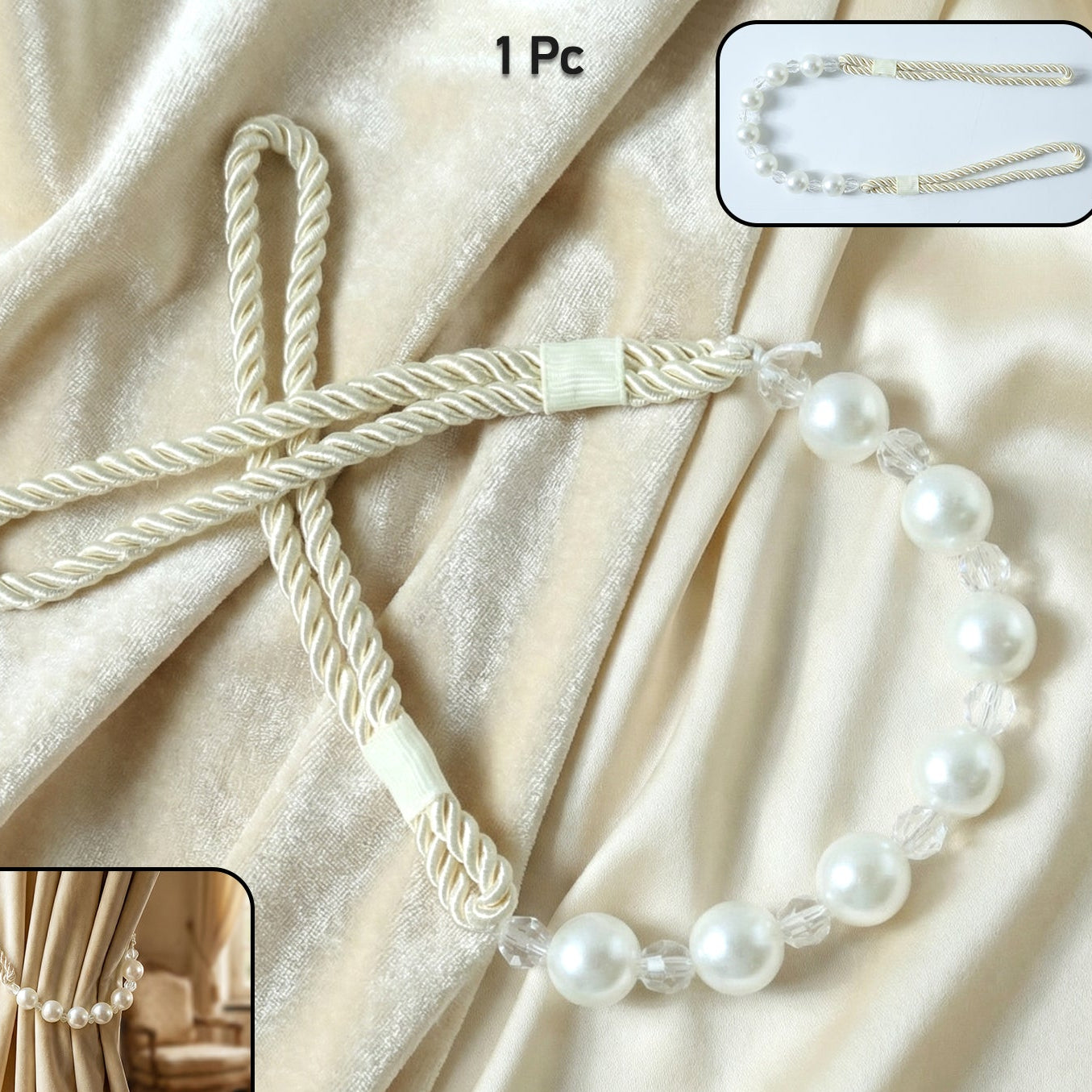 Pearl Beaded Curtain Tieback with Rope - 1 Piece - Happy Price - Image 1