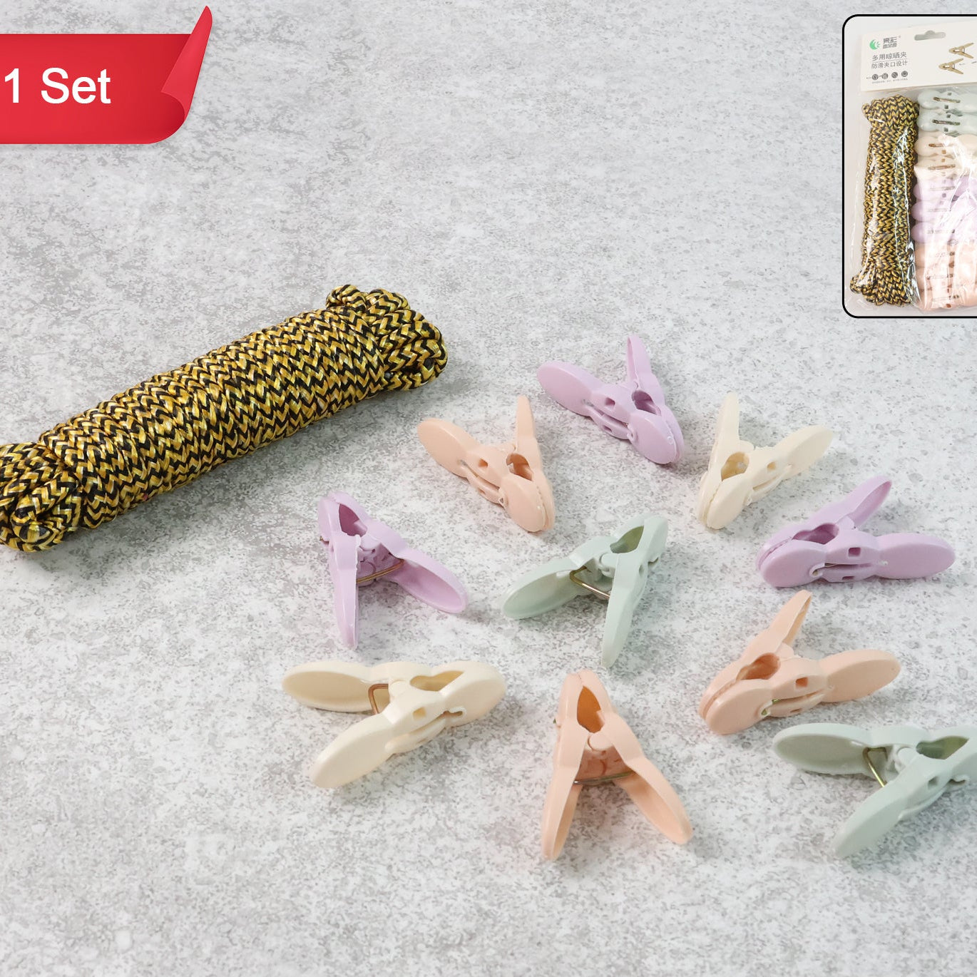 Clothes Drying Rope with 10 Multipurpose Clips - Tangle-Resistant Laundry Line Set - Happy Price - Image 1