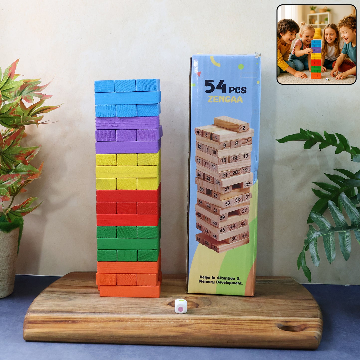 54 Piece Wooden Stacking Tower Game with Color Blocks & Action Die - Happy Price - Image 2