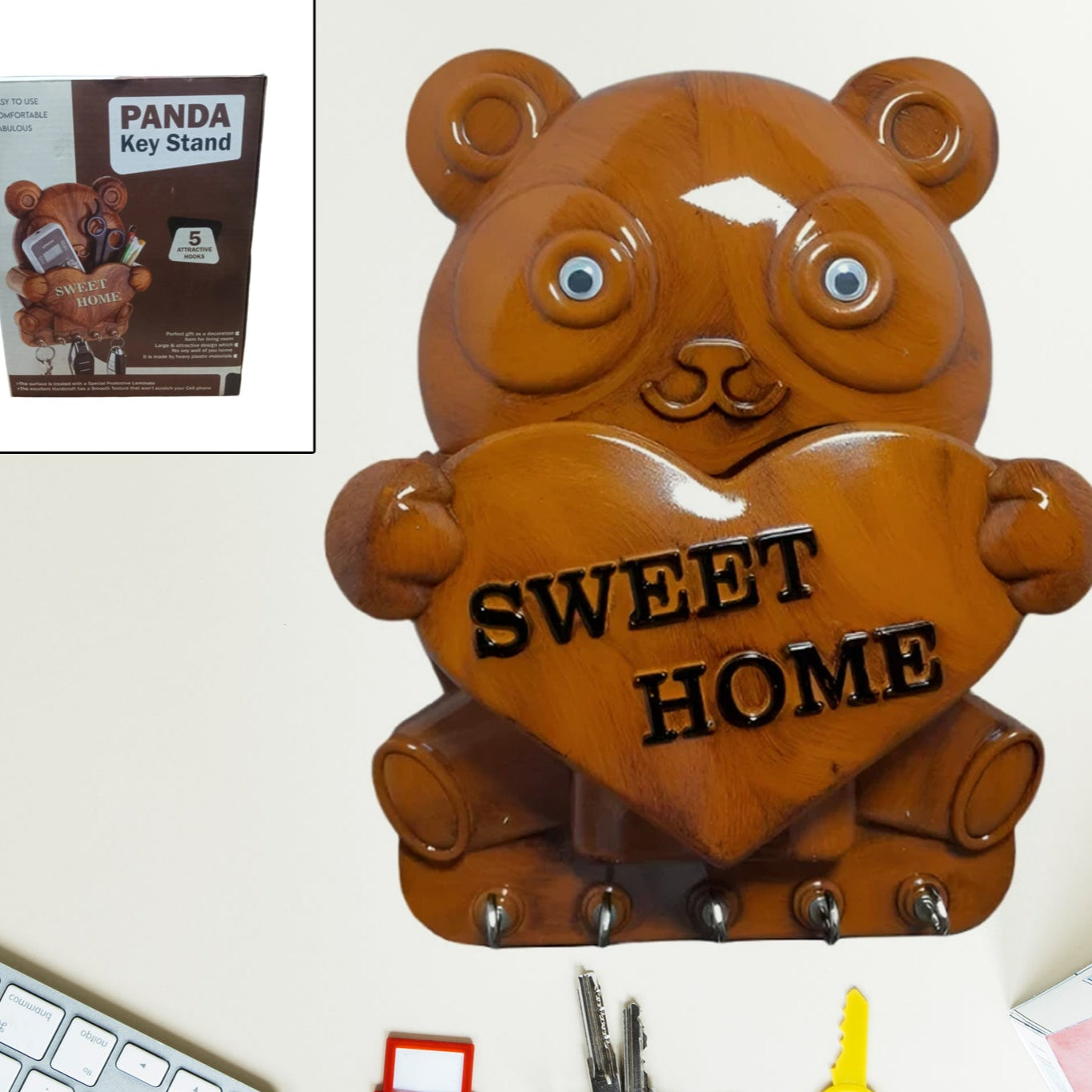 Cute Plastic Panda Key Holder Wall Key Rack With 5 Hooks (1 Pc) - Happy Price - Image 1