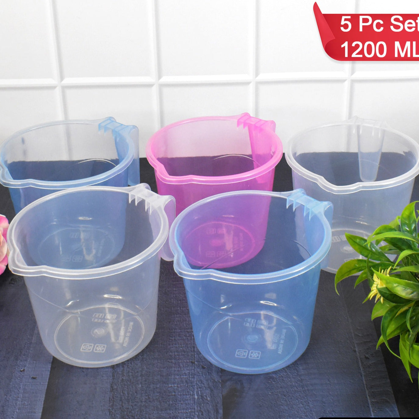 Plastic Round Transparent Bath Water Mug (5 Pc  Mix Colour  1200 Ml) - Happy Price - Image 1