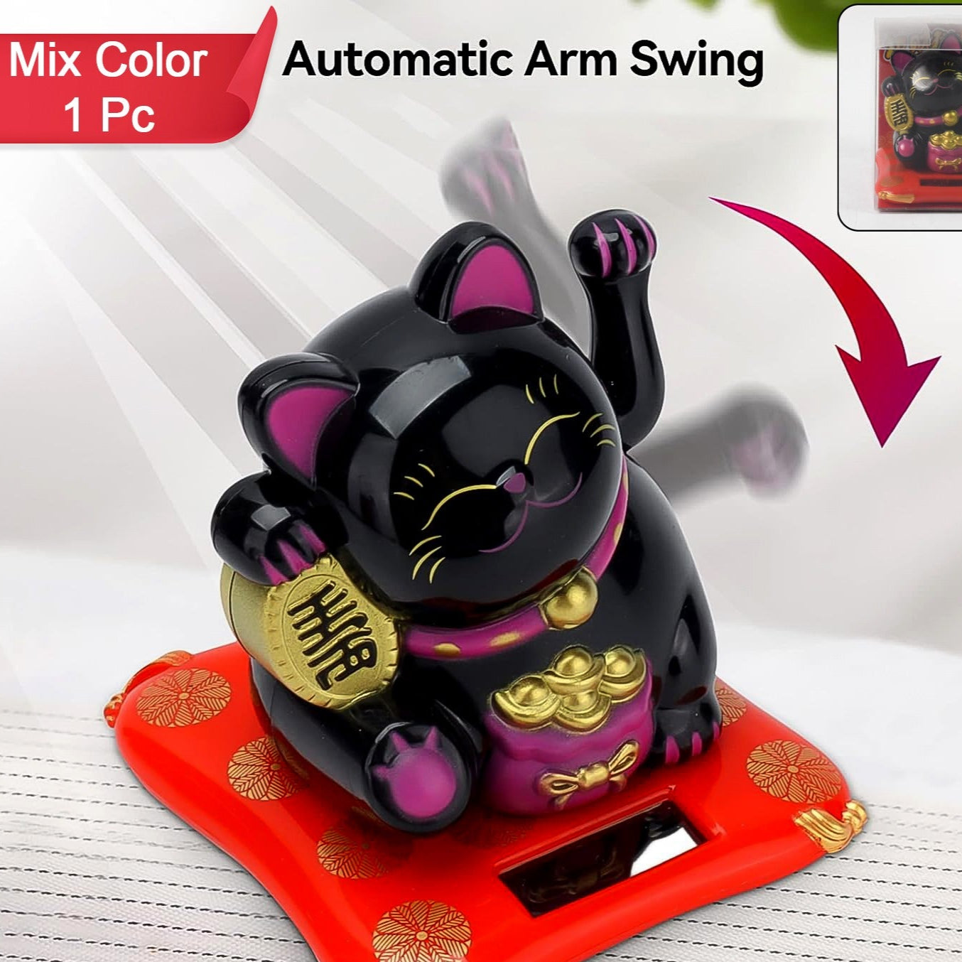 Solar Powered Happy Cat Beautiful With Arm Waves Wealth Cat (1 Pc  Mix Color) - Happy Price - Image 1