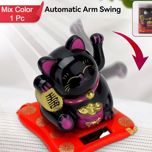 Solar Powered Happy Cat Beautiful With Arm Waves Wealth Cat (1 Pc  Mix Color) - Happy Price - Image 1