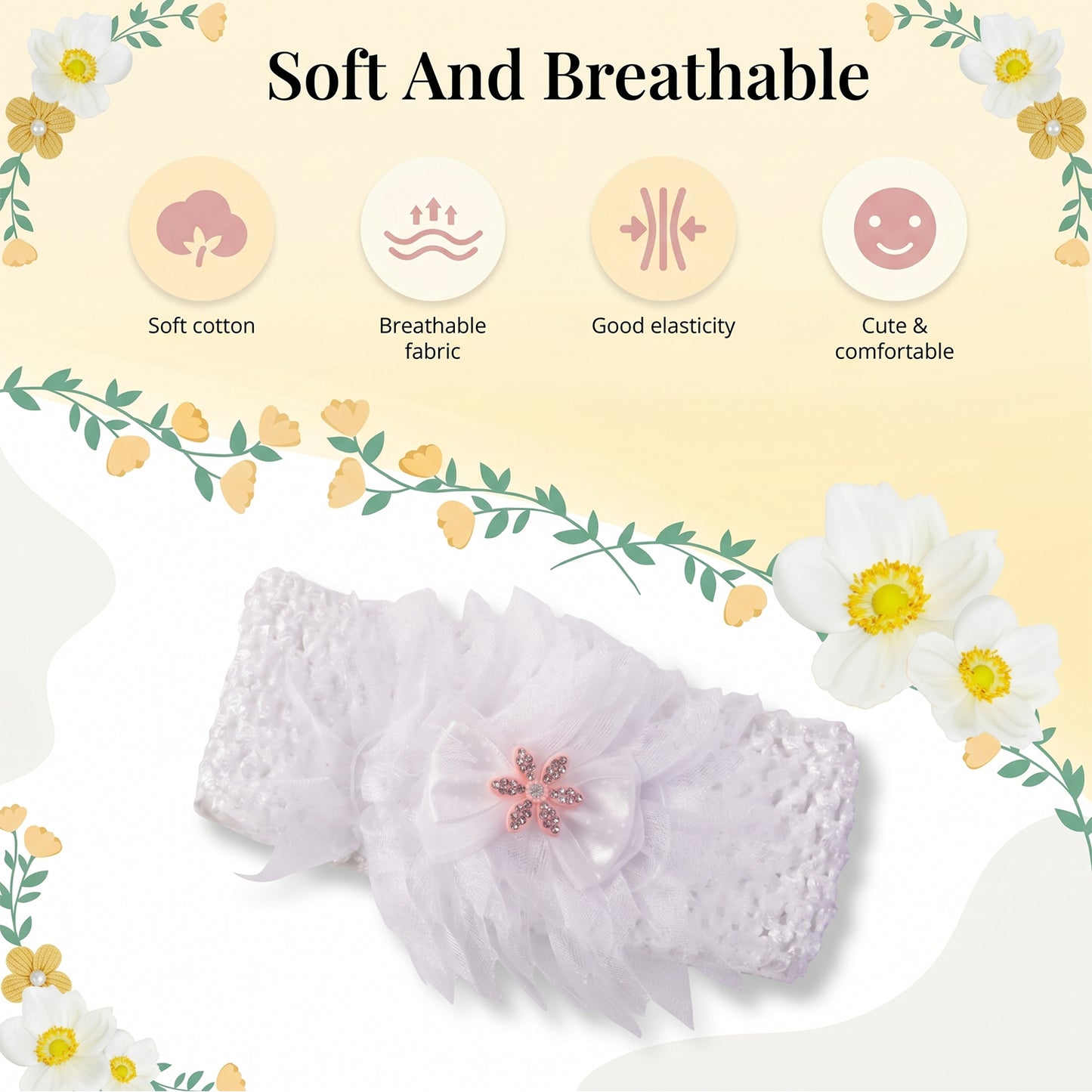 Cute Floral Baby Headband - Soft Elastic Hair Band for Girls (1 Pc) - Happy Price - Image 6