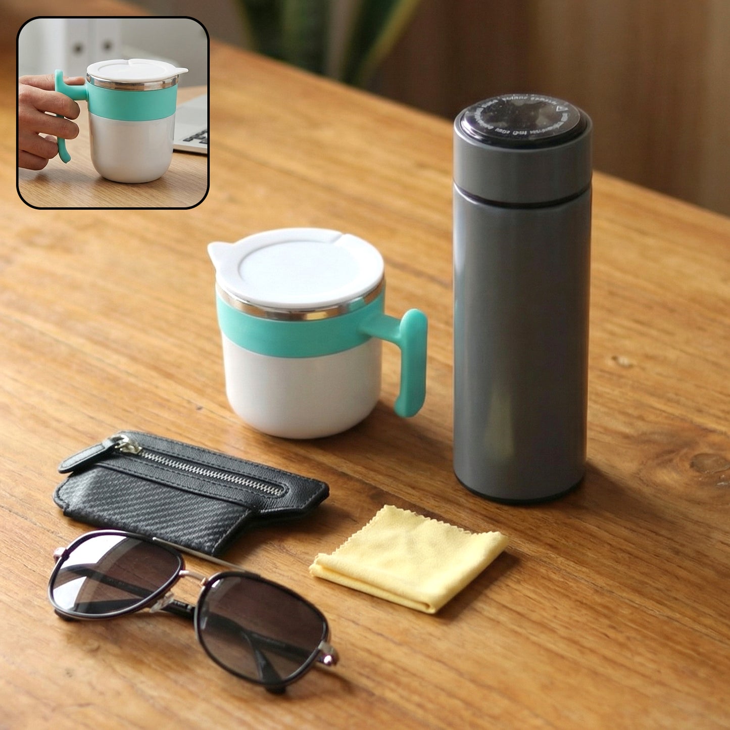 5-Piece Travel & Daily Essentials Kit: Insulated Bottle, Mug, Sunglasses, Pouch & Cloth - Happy Price - Image 2