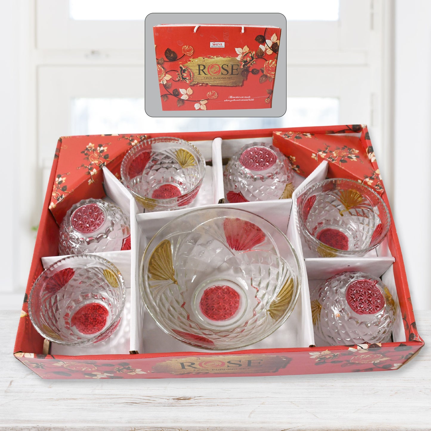 Rose Glass Multipurpose Pudding  Dessert  Ice Cream Bowl Set For Home Use Home  Kitchen Serving Bowl For Sundae Sweets Snacks Fruit Pudding Nuts Or Dip Serving Bowls 6 Medium  1 Big Bowl (Set Of 7 Pc) - Happy Price - Image 2