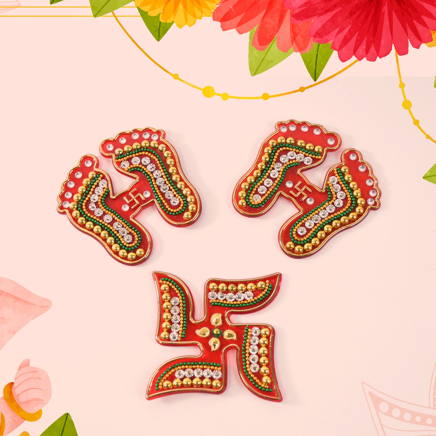 Decorative Laxmi Charan (Pagla)  Swastik Combo Set (3pc Set) - Happy Price - Image 3