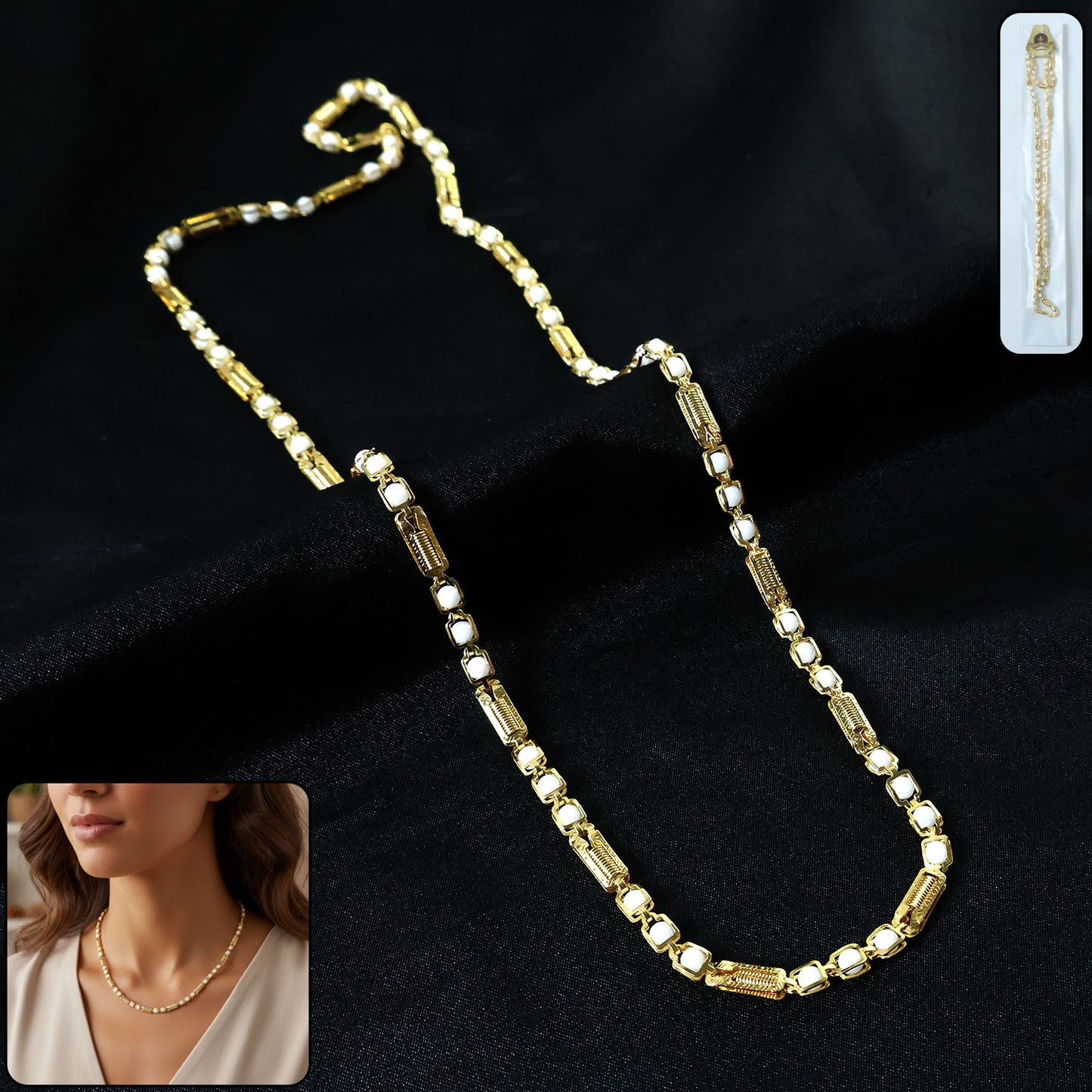 Gold-Tone Designer Chain Necklace with Stone Accents (1 Pc) - Happy Price - Image 2
