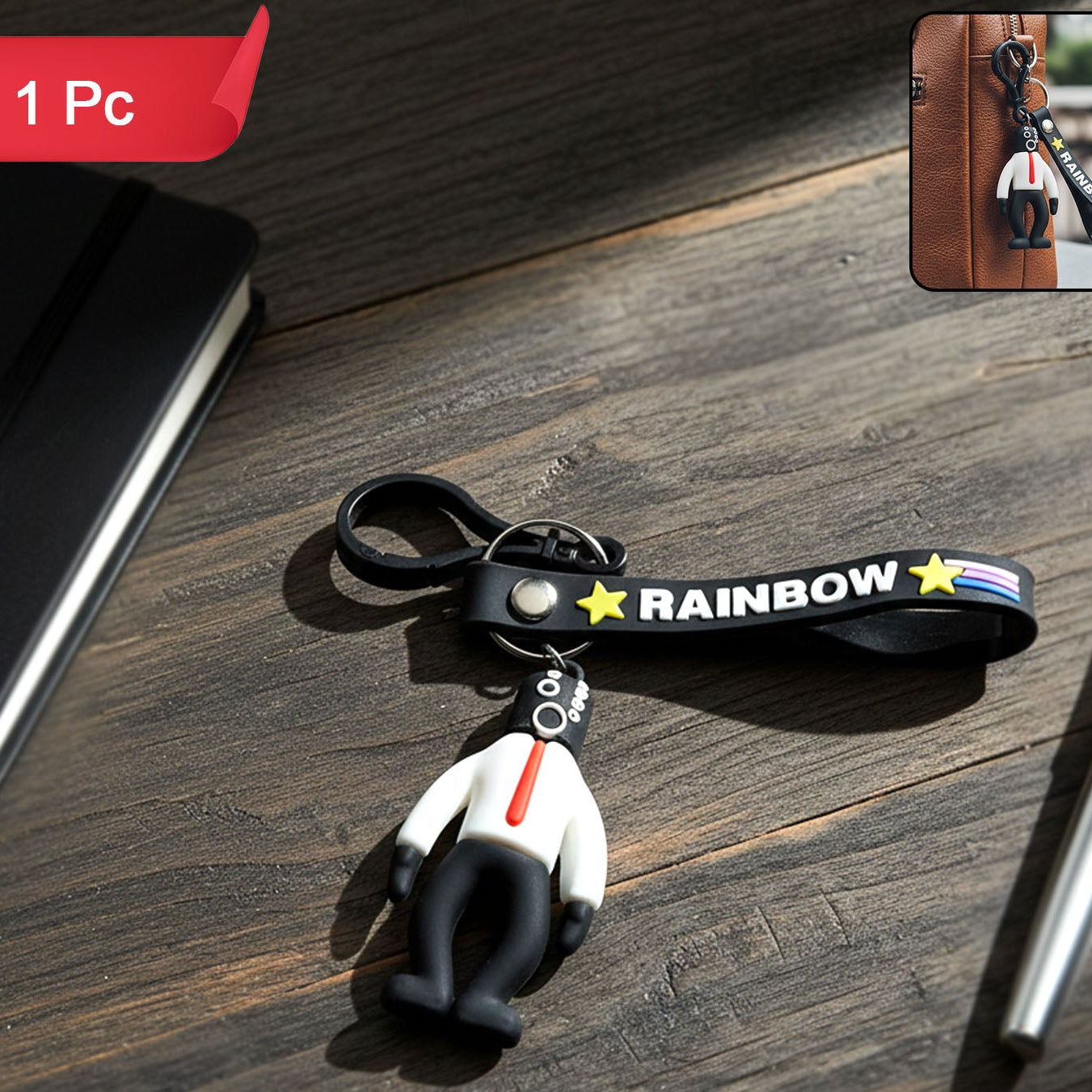 Cartoon Man Figure Keychain with Rainbow Strap - 1 Pc - Happy Price - Image 1