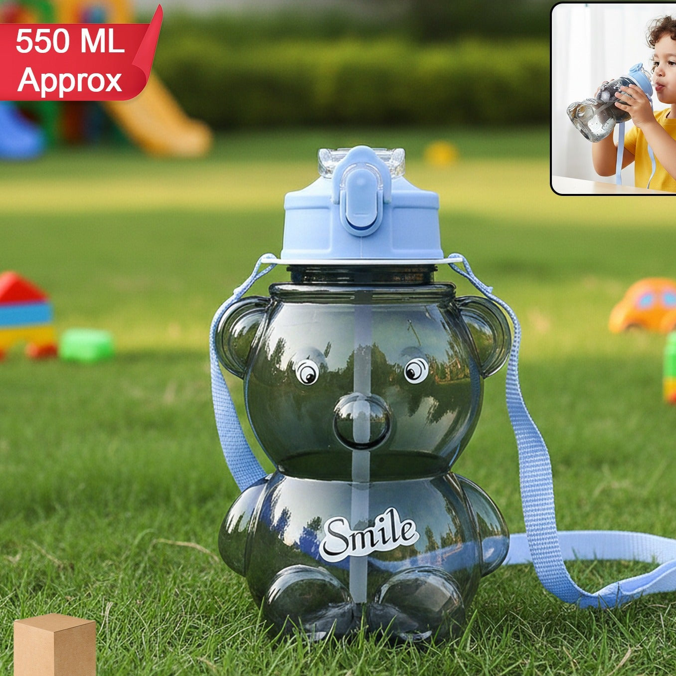 Kids Cartoon Bear Water Bottle With Straw  Shoulder Strap (1 Pc)