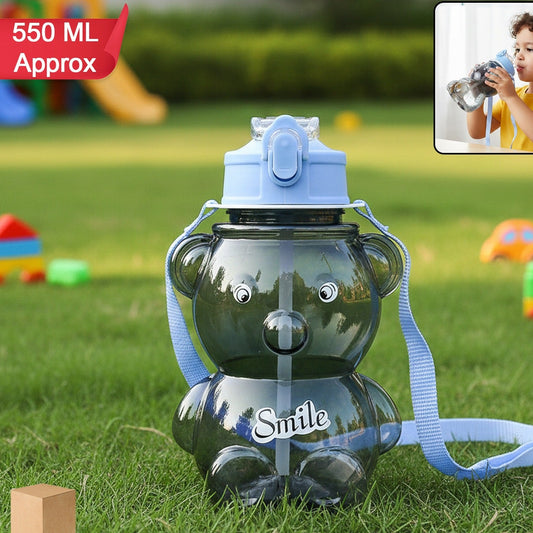 Kids Cartoon Bear Water Bottle With Straw  Shoulder Strap (1 Pc)