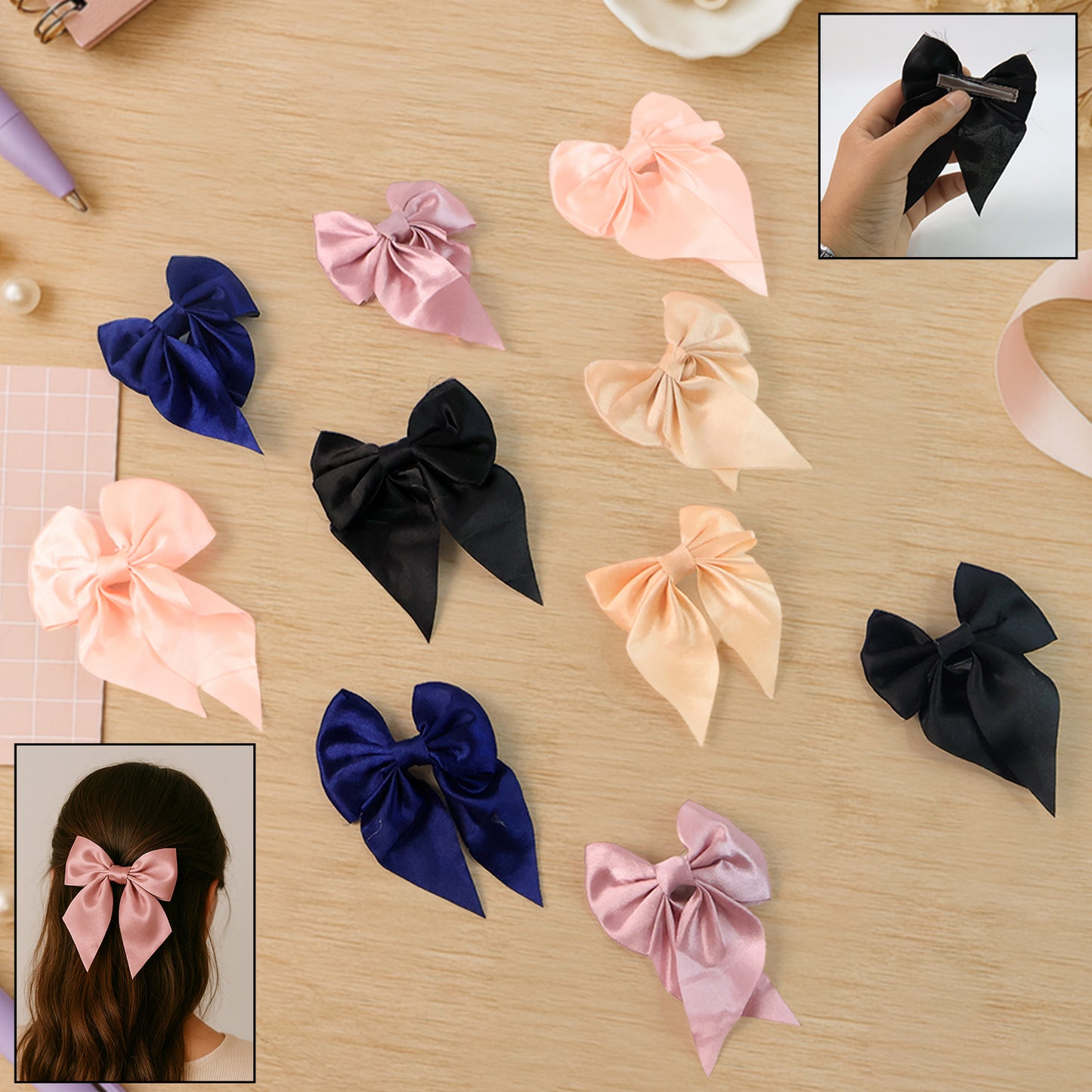 Premium Satin Bow Hair Clip Set For Girls And Women (10 Pc) - Happy Price - Image 2