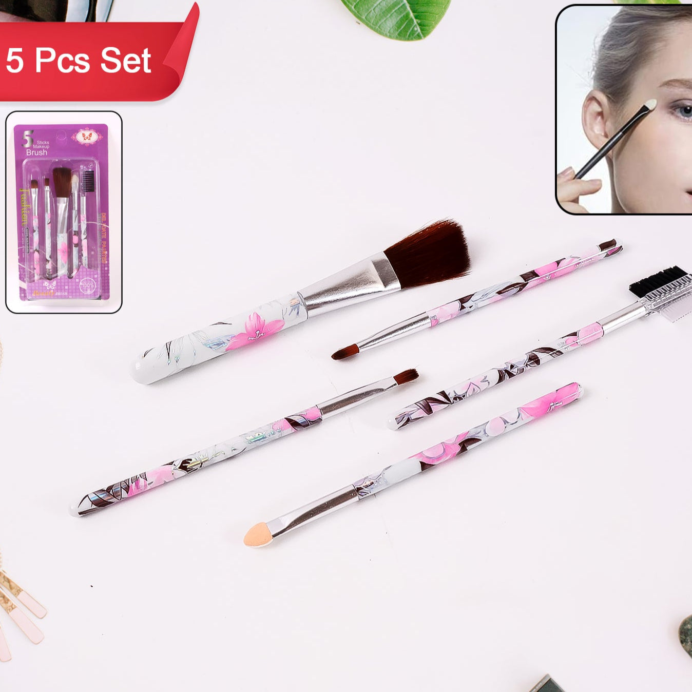 Floral Makeup Brush Set For Eyes Lips And Face (5 Pc) - Happy Price - Image 1
