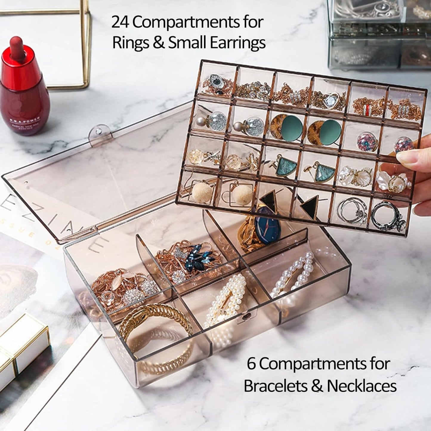 2 Layer Acrylic Jewelry Storage Box Dustproof Earring Box Storage Box Portable Nail Art Storage Case 24-grid Small And 6-grid Big Case Makeup Vanity Box (1 Pc  30 Compartment) - Happy Price - Image 2