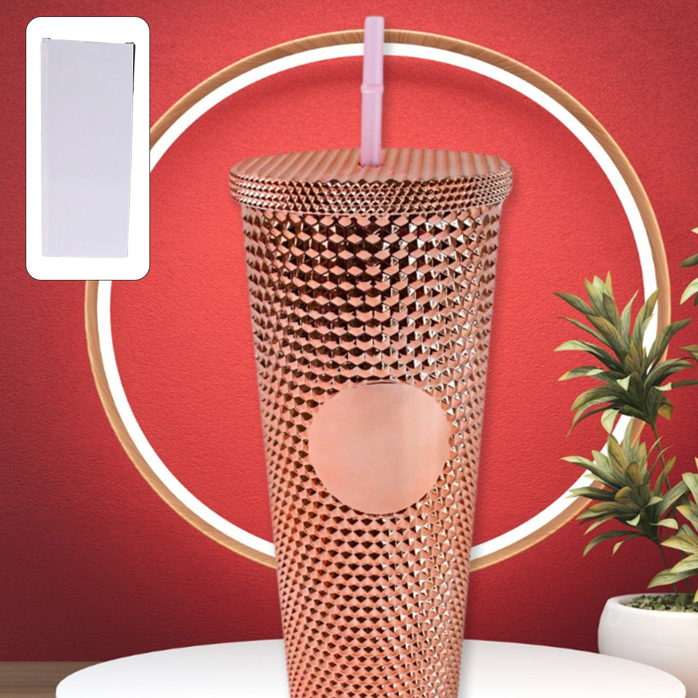 Studded Cup Tumbler Straw Lid - Plastic Double Walled Cold Cup For Iced Coffee - Happy Price - Image 1