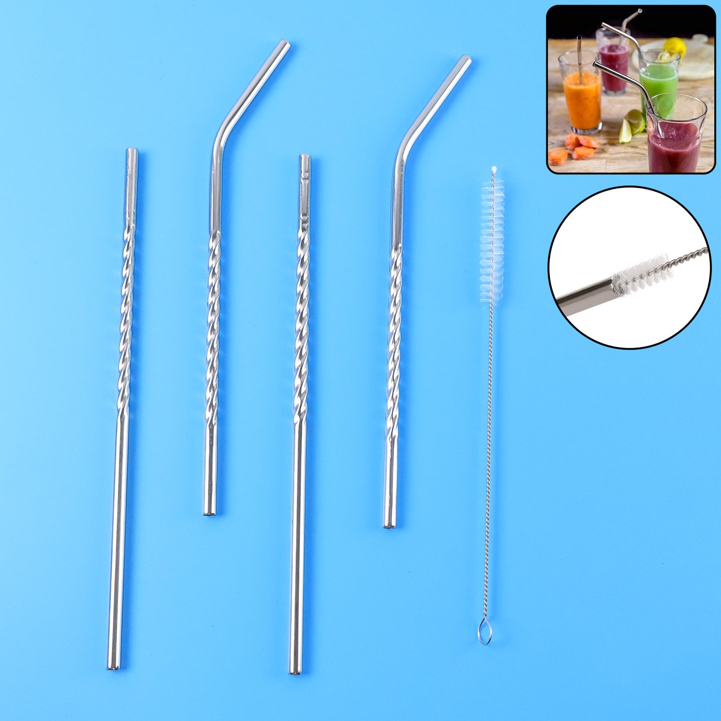 Set Of 4 Stainless Steel Straws  Brush (2 Straight Straws 2 Bent Straws 1 Brush) - Happy Price - Image 3