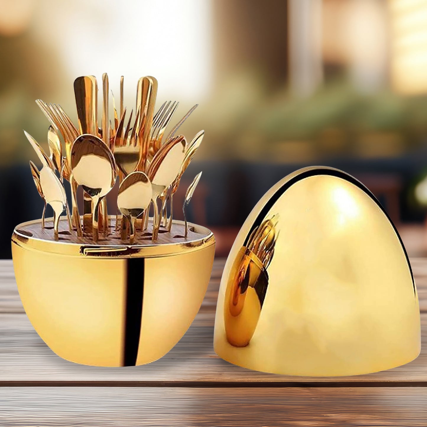 Premium Cutlery Set 24 Pcs With Oval Shaped Stand  Beautiful Stylish Oval Designed Cutlery Sets Egg-shaped Luxury Spoon Holder Set (Golden  24 Pcs Set) - Happy Price - Image 2