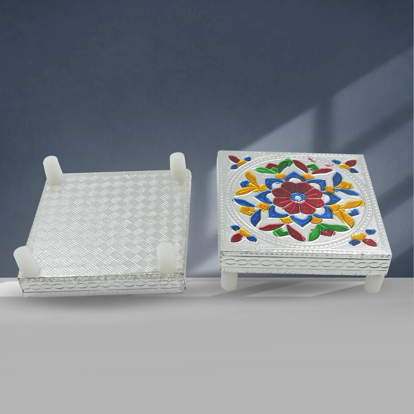 Handicraft Meenakari Wooden Chowki Puja Bajot For Home  Office Decor For Puja Multicolour (1 Pc Set) - Happy Price - Image 3