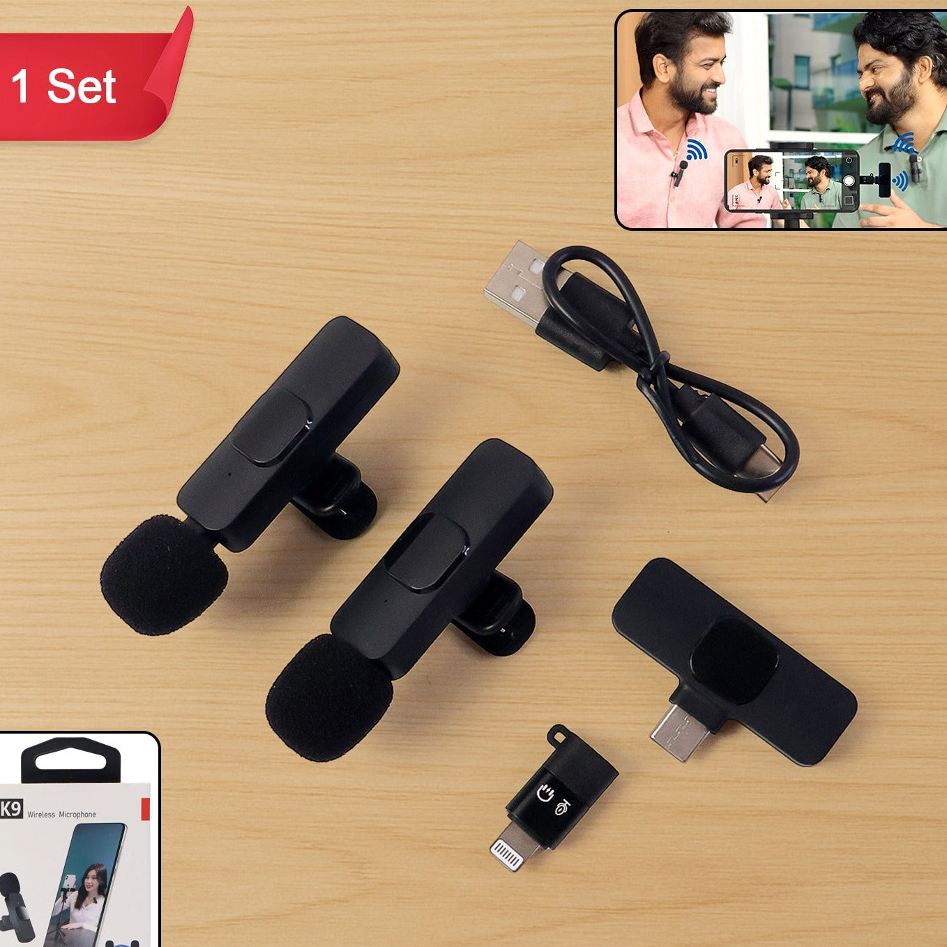 K9 Dual Wireless Microphone Set for Mobile Recording - 2 Mics + 1 Receiver for Type-C & iPhone - Happy Price - Image 1