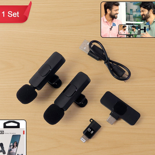 K9 Dual Wireless Microphone Set for Mobile Recording - 2 Mics + 1 Receiver for Type-C & iPhone - Happy Price - Image 1