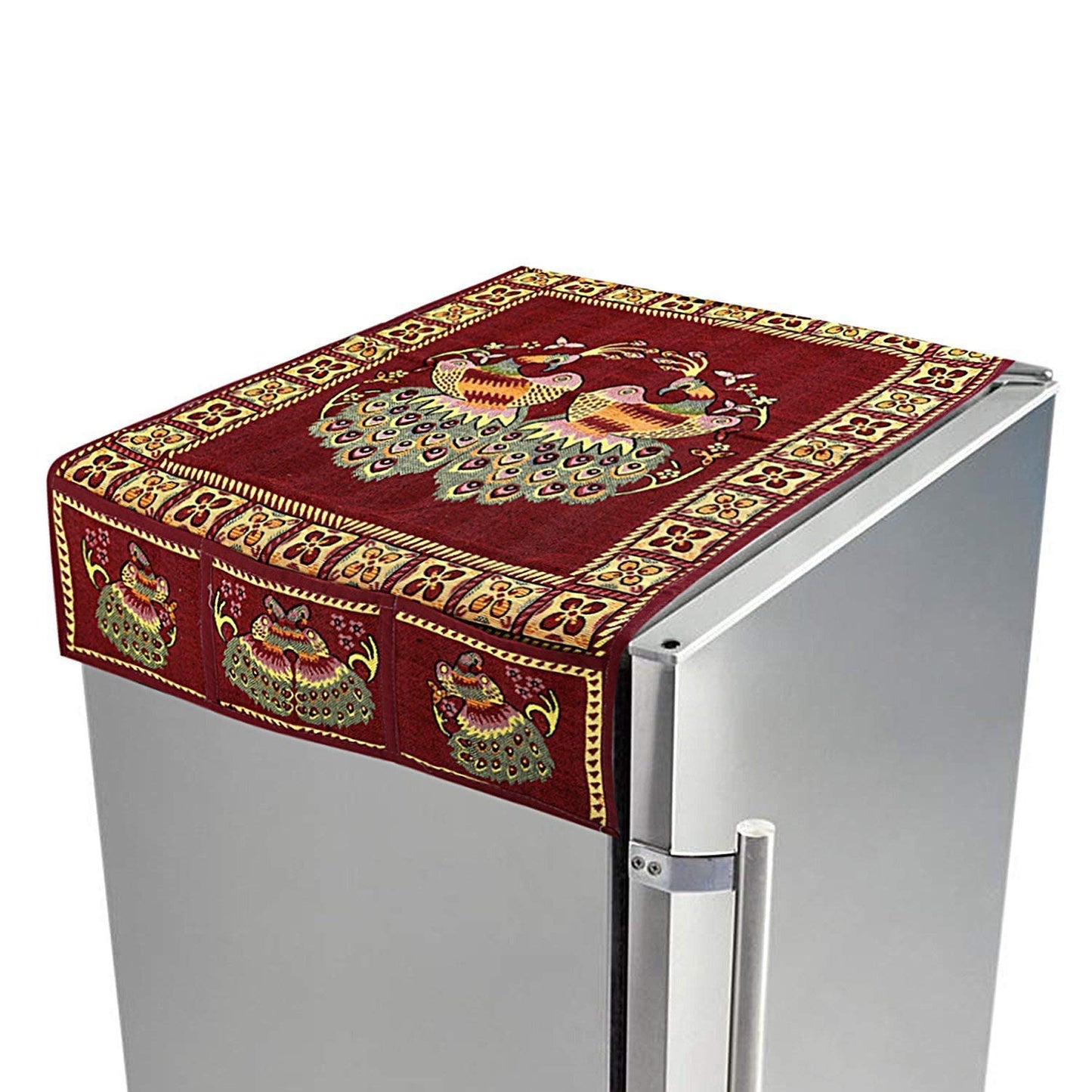 Cotton Fridge Top Cover Set - Standard Appliance Covers Fridge Dustproof Cover With Peacock Deign 6 Utility Side Pockets Fridge Cover For All Types Fridge Refrigerator Use (100x60cm) - Happy Price - Image 2