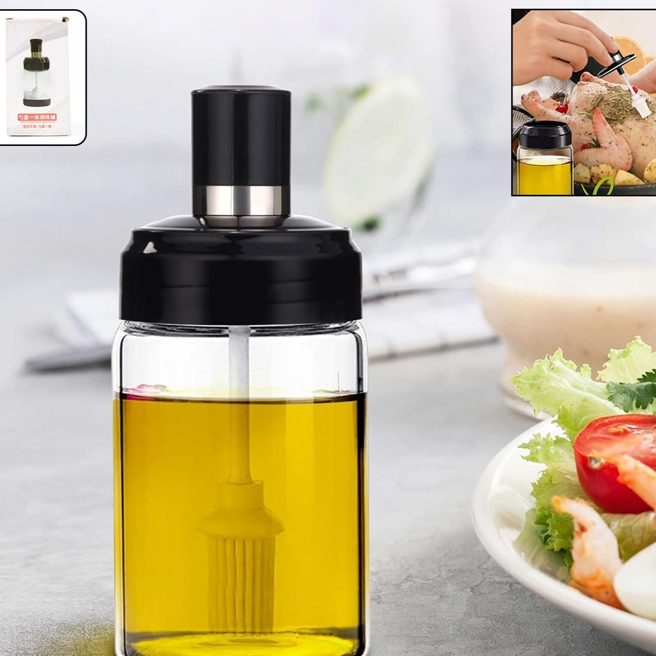 Glass Oil Dispenser Bottle with Built-in Silicone Brush (250ml) - Happy Price - Image 1