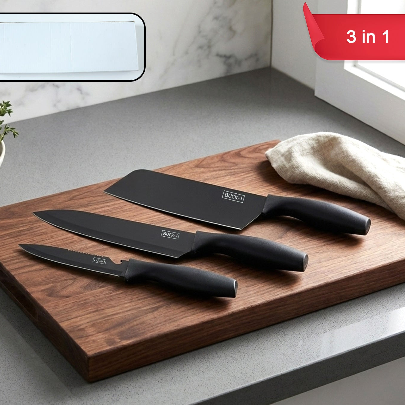 3-Piece Kitchen Knife & Chopping Board Set for Home Cooks - Happy Price - Image 1