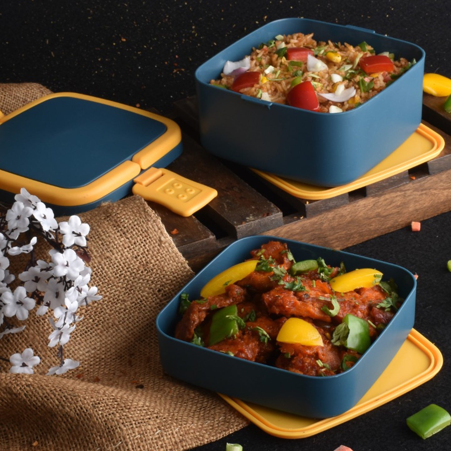 Blue Double-layer Portable Lunch Box Stackable With Carrying Handle And Spoon Lunch Box - Happy Price - Image 2