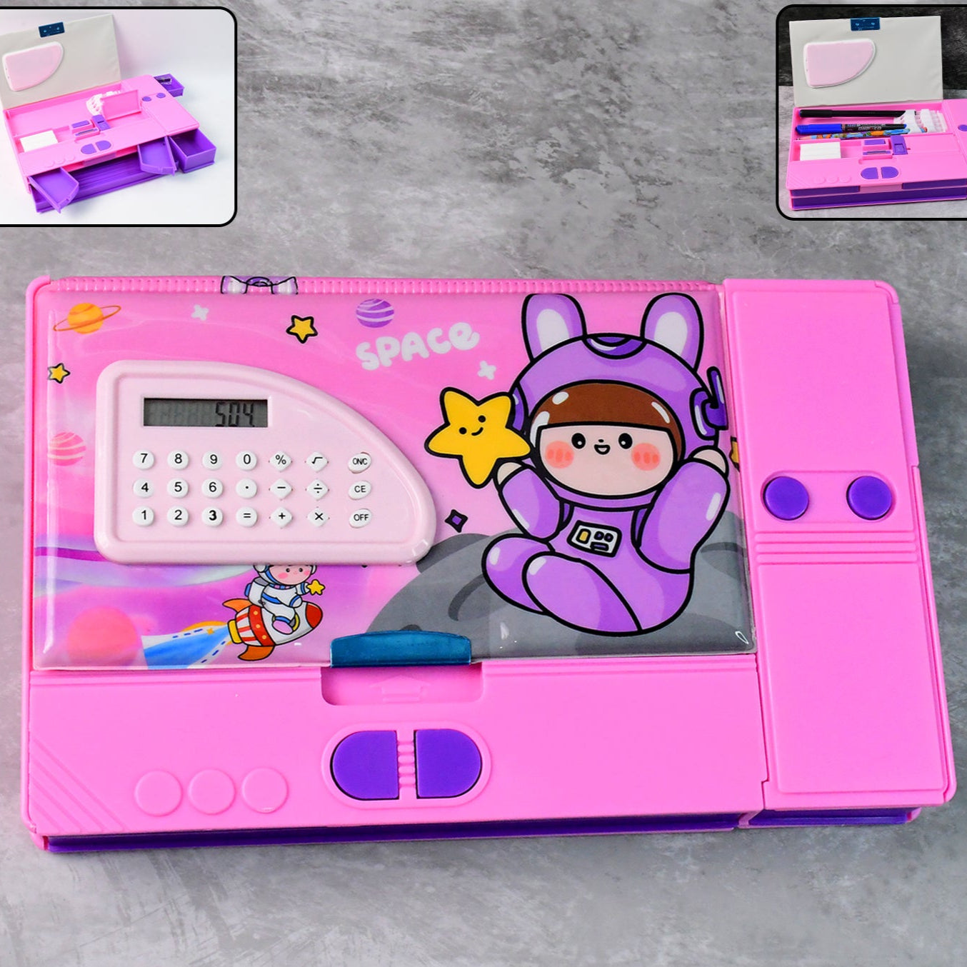 Multi-functional Space Theme Pencil Box With Built-in Calculator (1 Pc) - Happy Price - Image 1