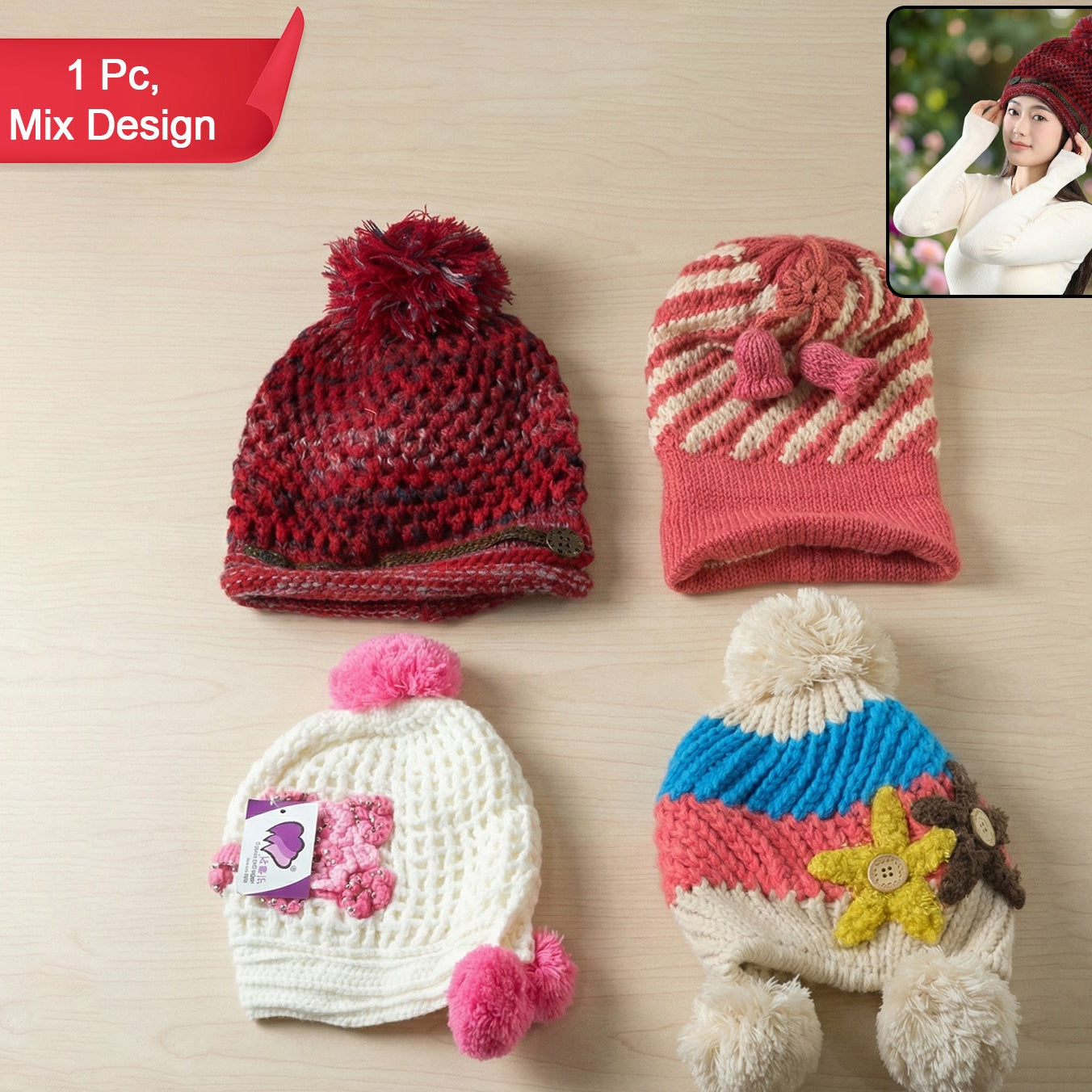 Warm Knitted Woolen Cap for Men & Women - 1 Pc Mix Design - Great Price - Image 1