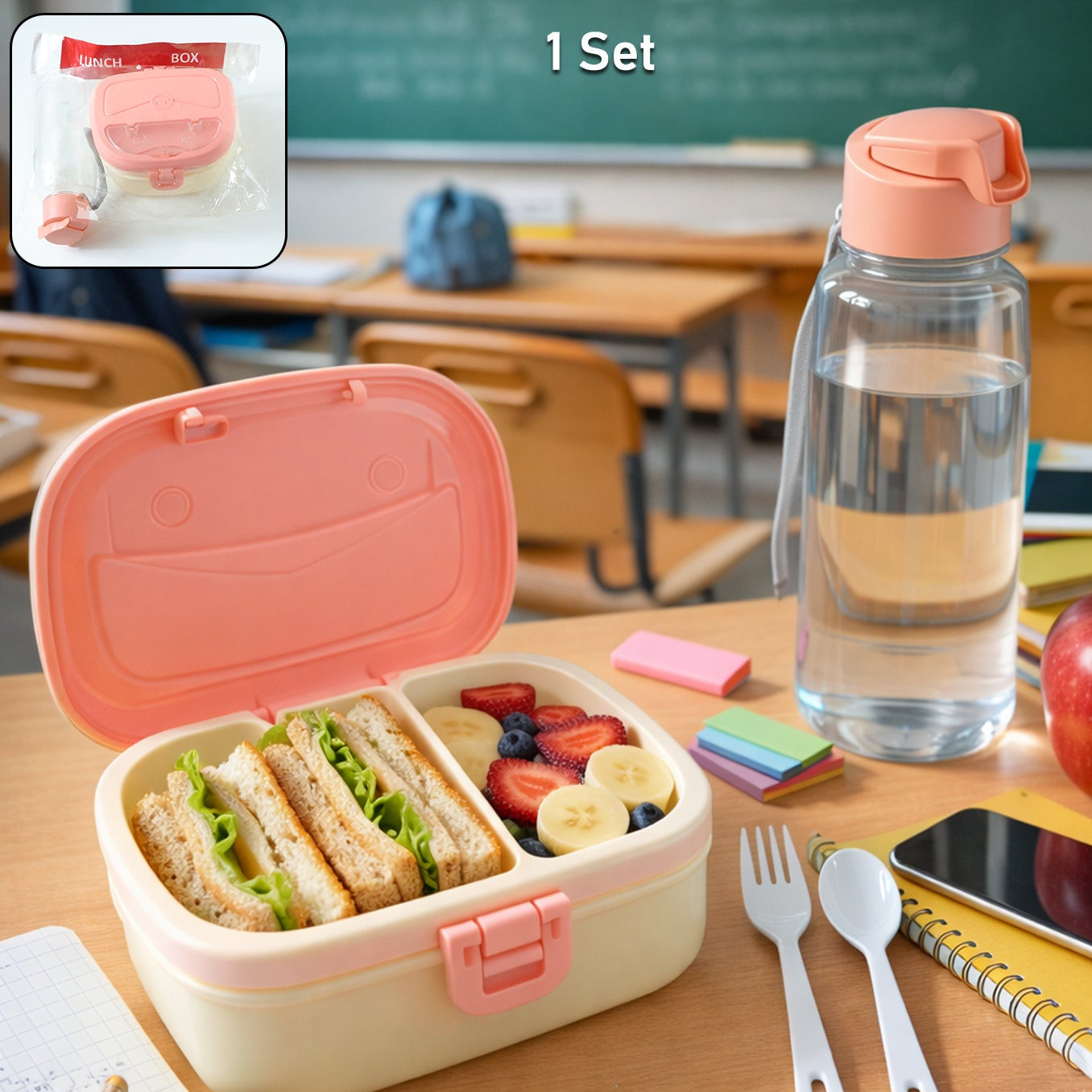 Plastic Lunch Box and Water Bottle Set - 1 Set - Happy Price - Image 1