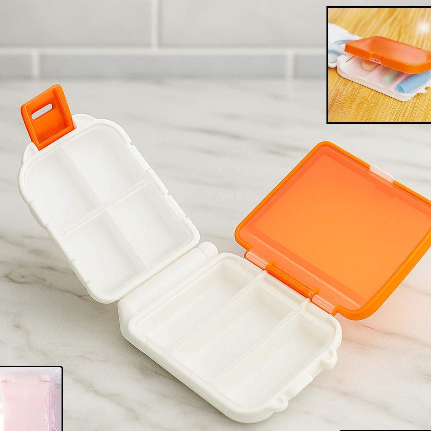 Portable Orange Pill Box Organizer - Dual-Sided 8 Compartment Medicine Case - Happy Price - Image 1