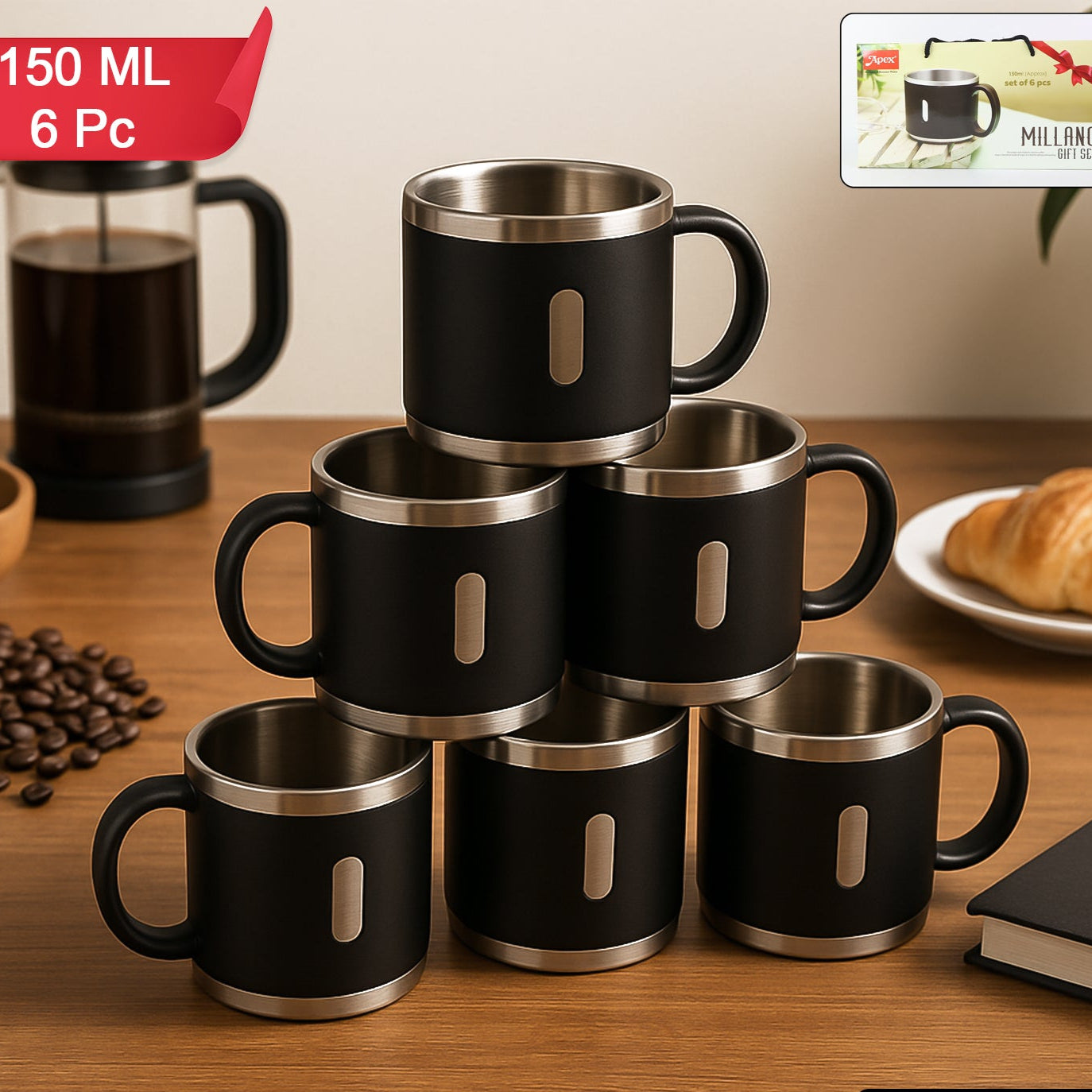 Apex Stainless Steel Double Wall Coffee Mugs Gift Set - 6 Pcs, 150 ML Each - Happy Price - Image 1