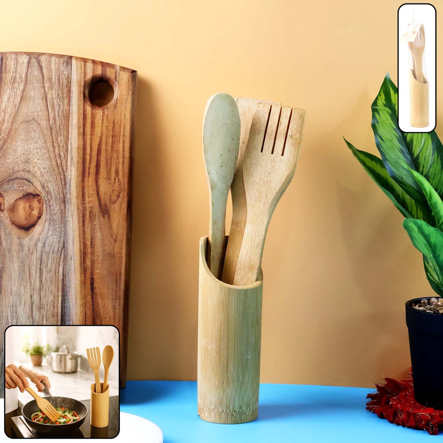 4 Piece Bamboo Cooking Utensil Set with Holder - Eco-Friendly Kitchen Tools
