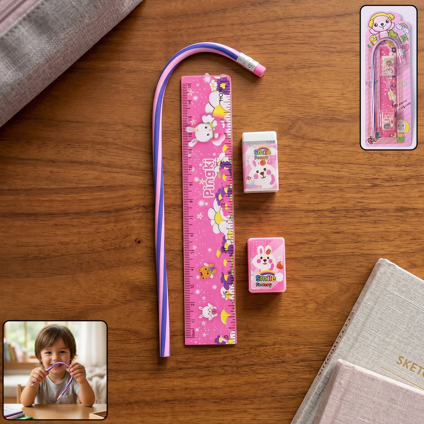 Cute Pink 4-in-1 Stationery Set for Kids - Ruler, Pencil, Eraser, Sharpener - Happy Price - Image 2