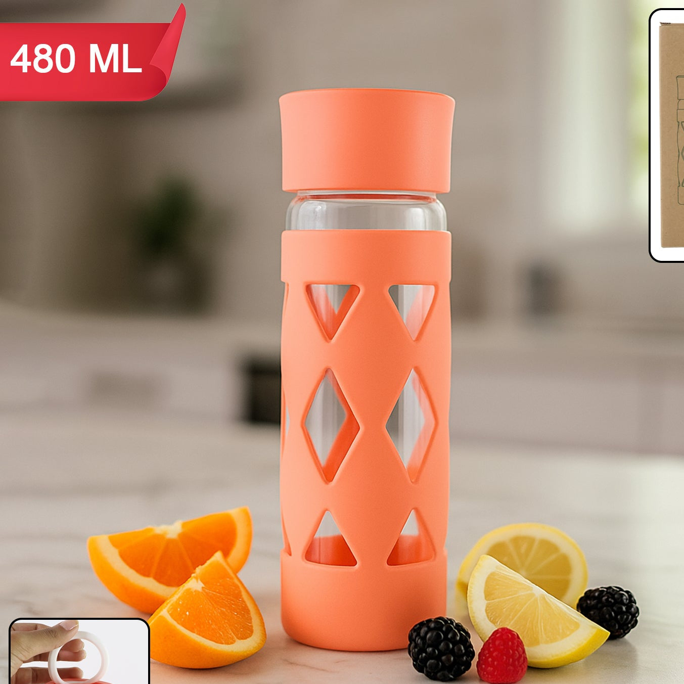 Glass Water Bottle with Protective Sleeve - 480 ML (1 Pc) - Happy Price - Image 1