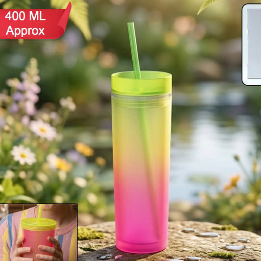 Gradient Plastic Drinking Tumbler Cup With Lid And Straw 400 Ml Approx
