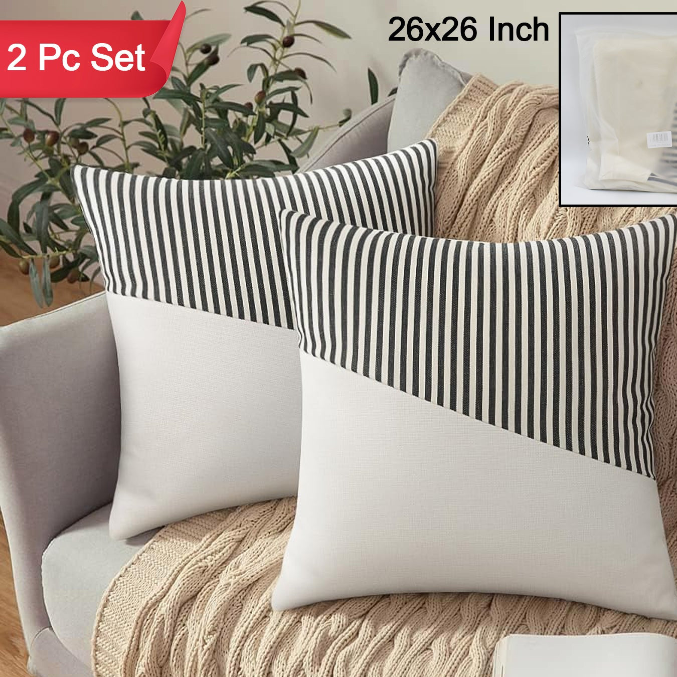Decorative Pillow Covers Cushion Cases Soft Cotton (26  26 Inch  1 Pair  2 Pc) - Happy Price - Image 1