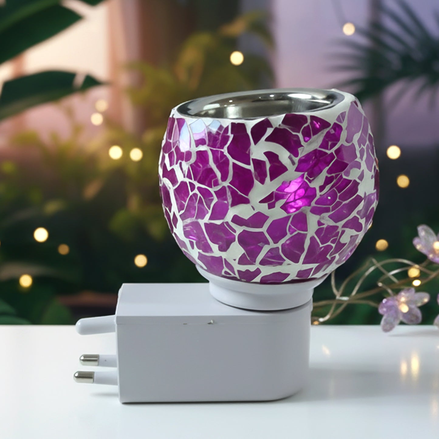Mosaic Glass Aroma Diffuser & Night Lamp (1 Pc) - Purple Crackle Plug-in - Happy Price - Image 2