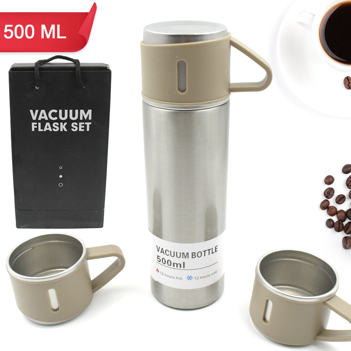 Stainless Steel Vacuum Flask Set With 3 Steel Cups Combo For Coffee Hot Drink And Cold Water Flask Ideal Gifting Travel Friendly Latest Flask Bottle. (500ml) - Happy Price - Image 1