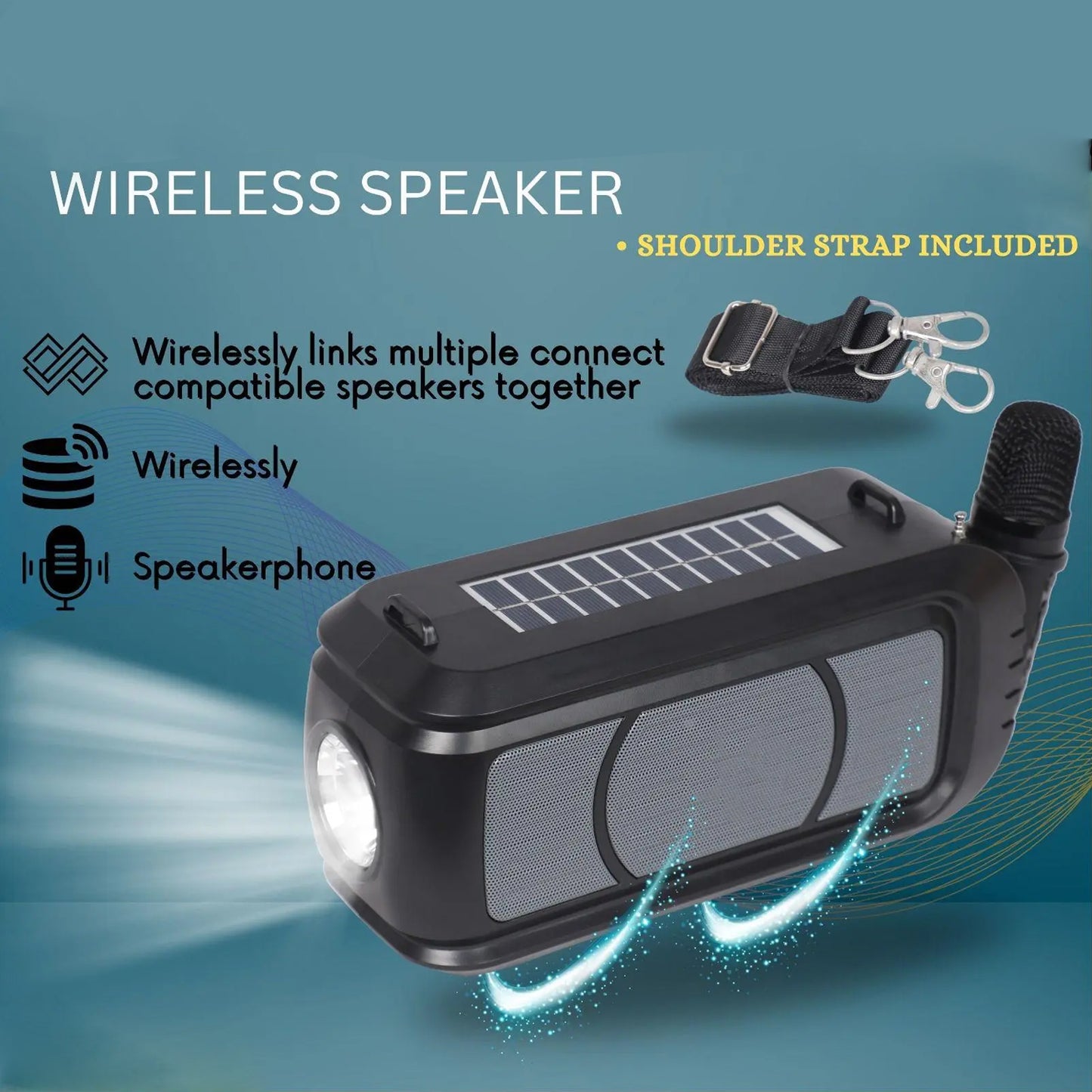 Wireless Bluetooth Speaker 5w High Bass With Wireless Mic  Microphone Led Torch Solar Charging Support Usb  Adjustable Strap (1 Set) - Happy Price - Image 2