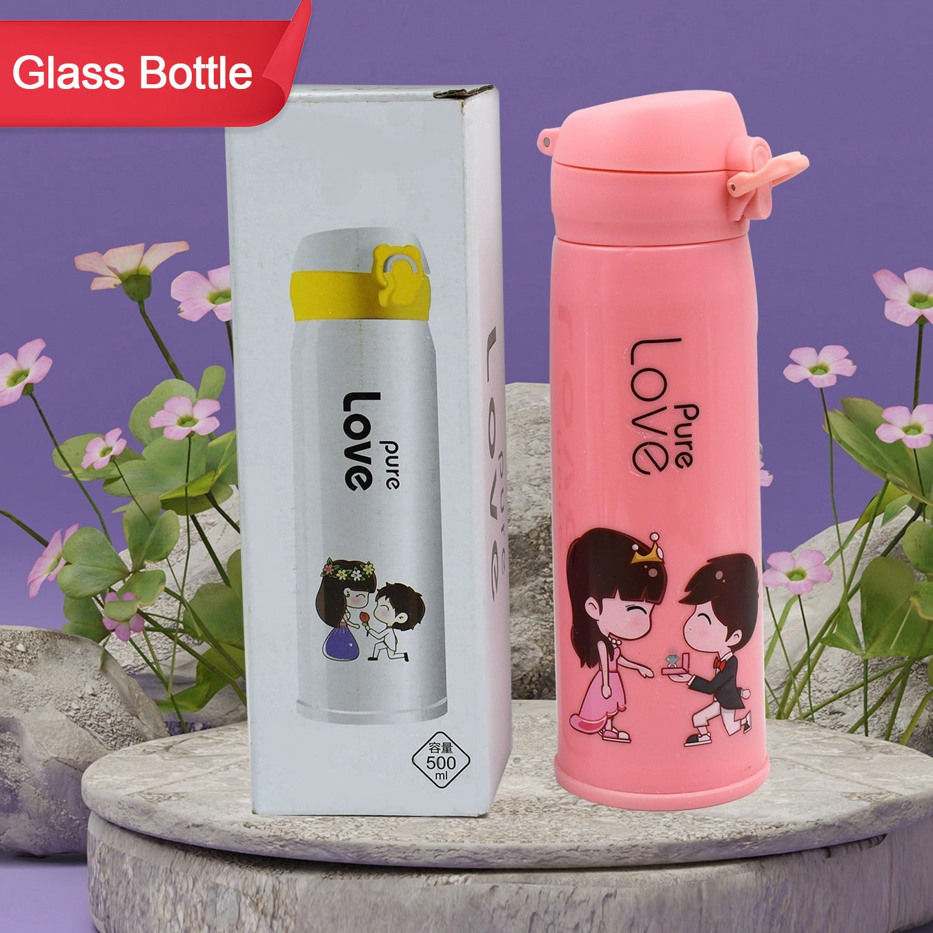 Pure Love Outdoor Sport Water Bottle 500ml Leak Proof Bpa-free For Travel Cold And Hot Water Glass Water Bottle With Daily Water Intake For Gym And Children Fridge For Home Office School (Moq - 80 Pc) - Happy Price - Image 1