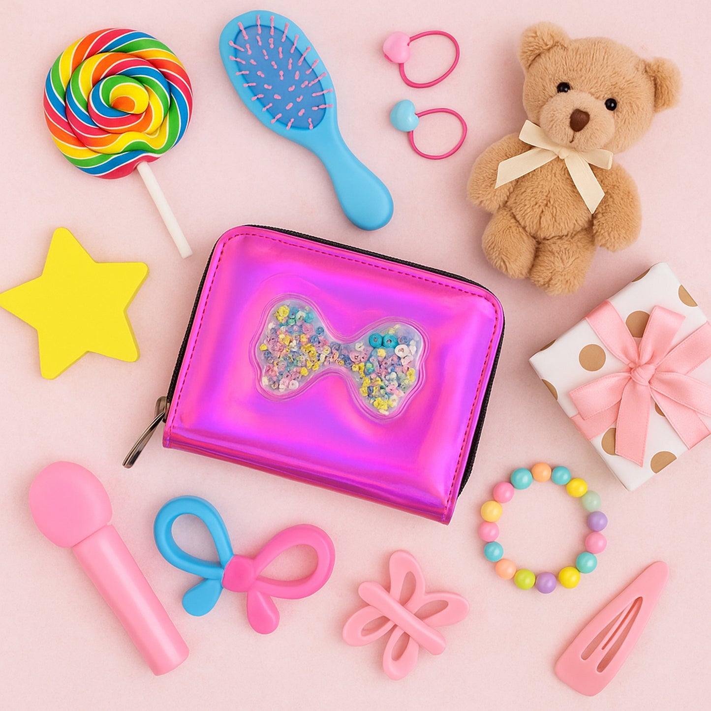 Vibrant Kids Wallet (1 Pc) - Stylish Zip Pouch with Glitter Bow - Happy Price - Image 3