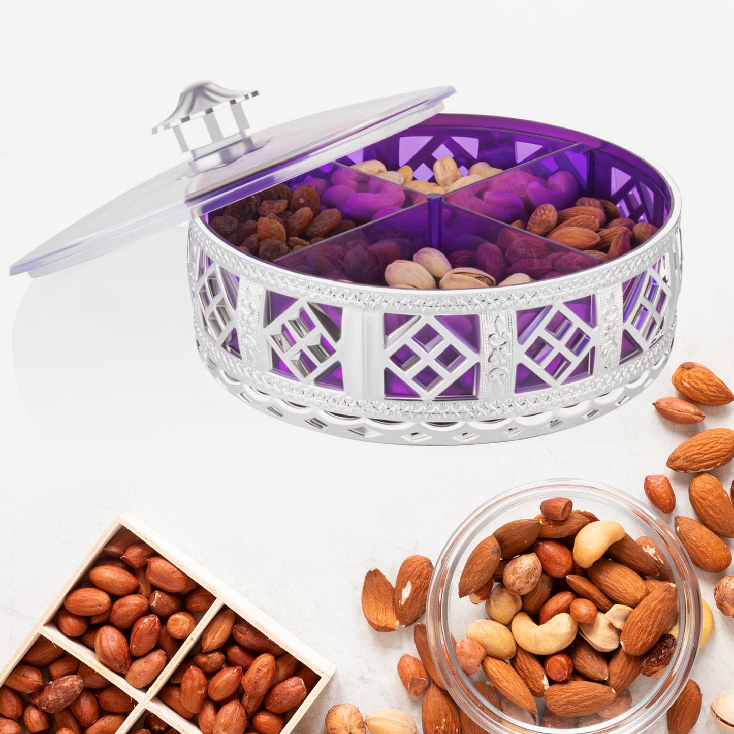Multipurpose Dry Fruit Box 4 Section Dry Fruit Round Silver Gift Box (1 Pc) - Happy Price - Image 3