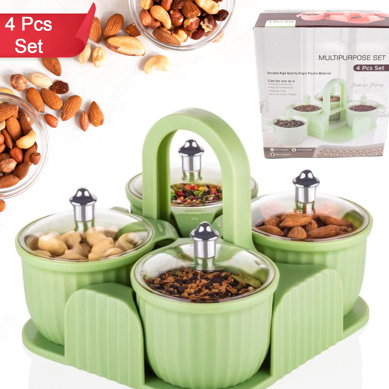 Multipurpose Jar Dryfruit Set  Candy Chocolate Snacks Storage Jar Masala Jar  For Home And Kitchen Airtight Dry Fruit Plastic Storage Container Tray Set With Lid  4 Serving Jar Container For Sweetschipscookies(4 Pc Set) - Happy Price - Image 1