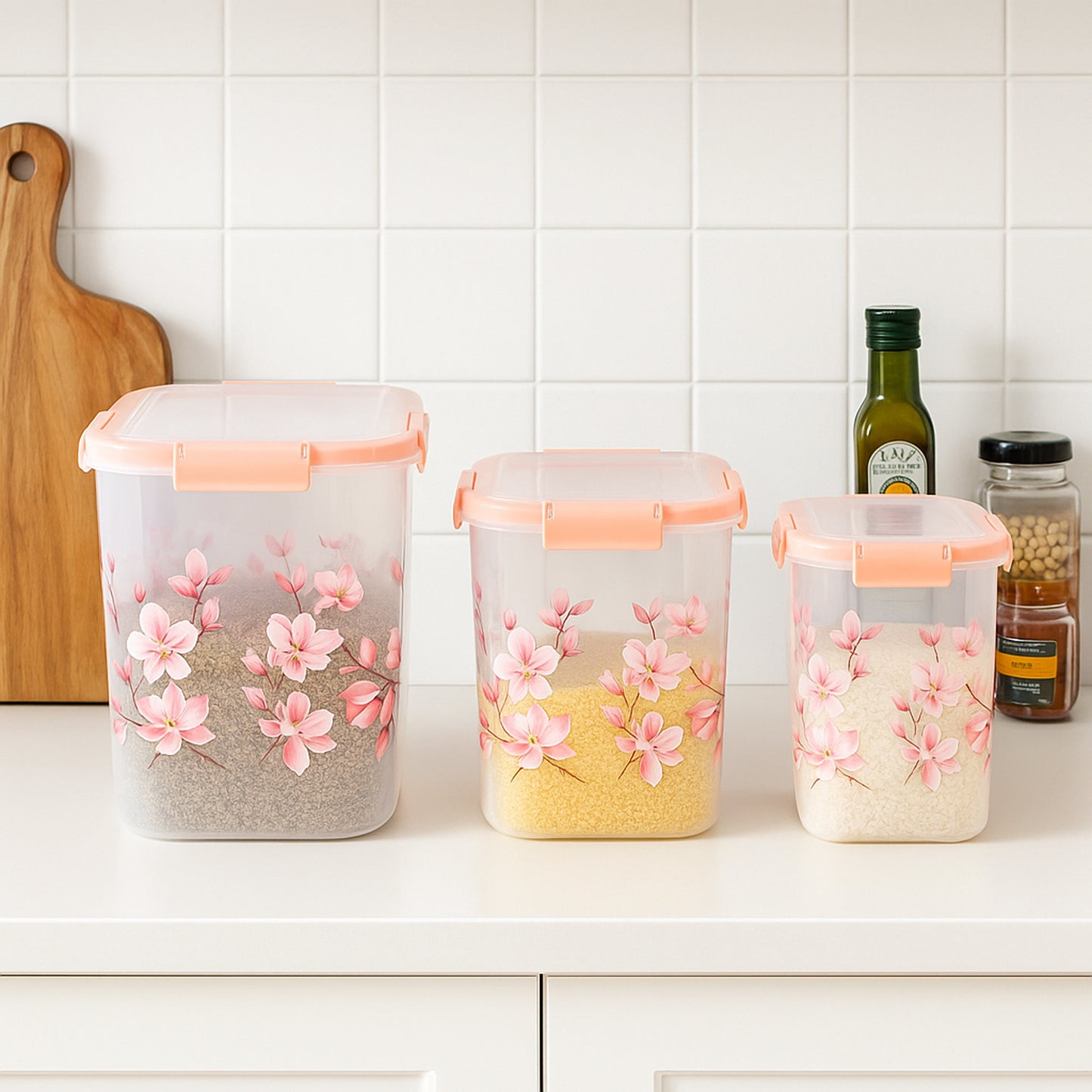 Square 3 Pcs Floral Printed Airtight Storage Container Set  Approx 2.8 Ltr 4.5 Ltr 6.9 Ltr (3 Pcs Set) - Happy Price - Image 3