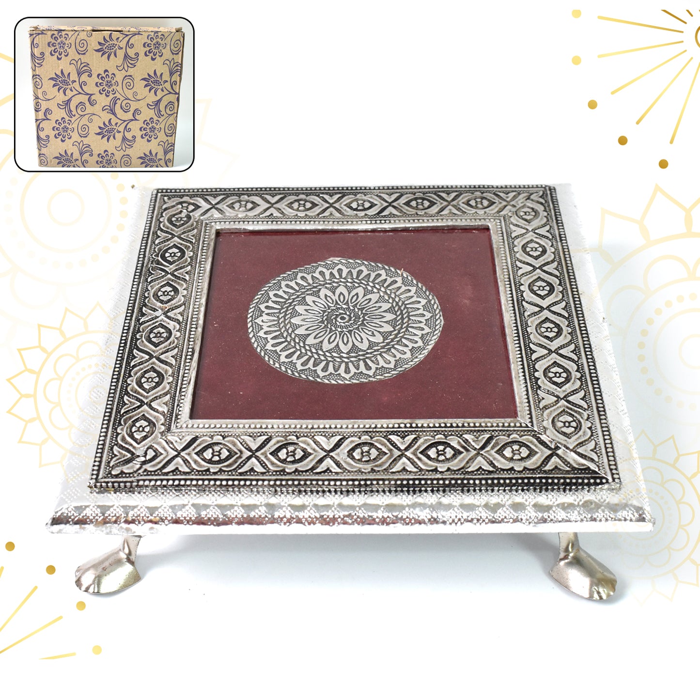 Silver - Square Pooja Chowki Patla  Bajot (2020 Cm  1 Pc) - Happy Price - Image 2