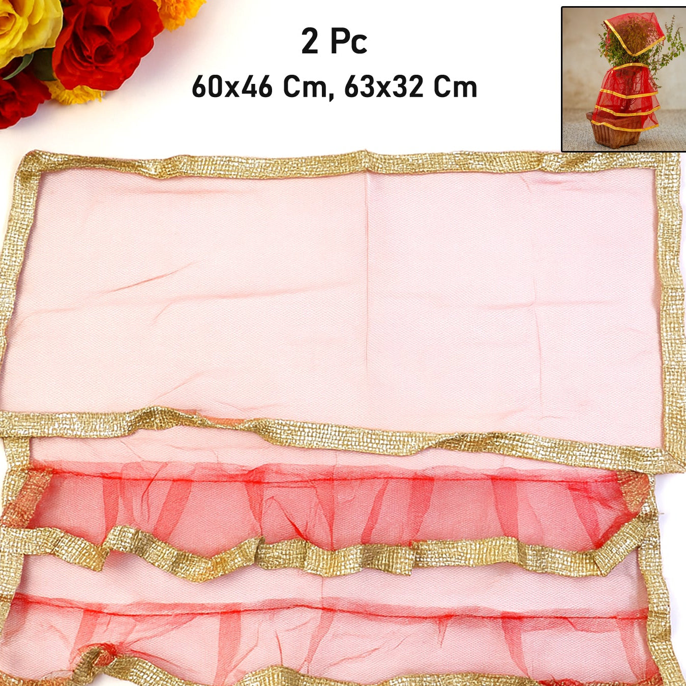 Premium Tulsi Vastra Pooja Cloth Set - 2 Pcs Red with Gold Border - Happy Price - Image 1