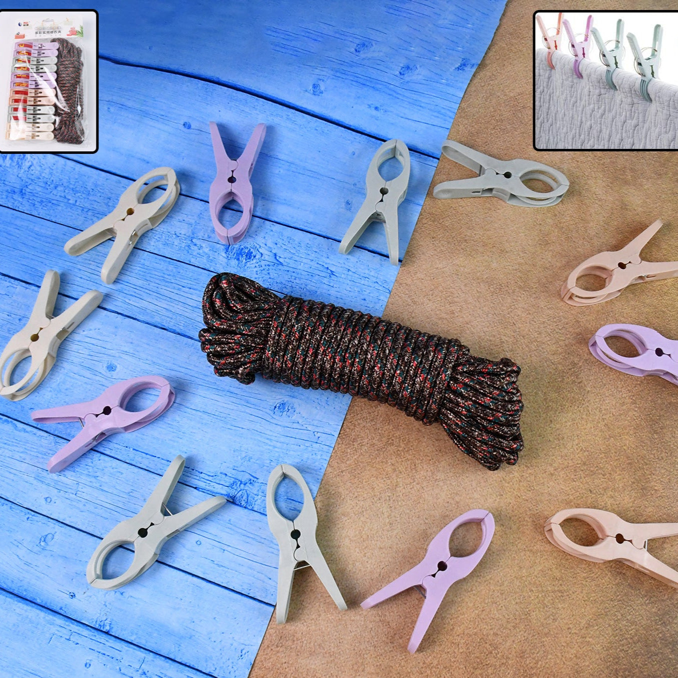 Cloth Drying Rope With Clips  Convenient And Durable Hanging Solution (12 Pc) - Happy Price - Image 1