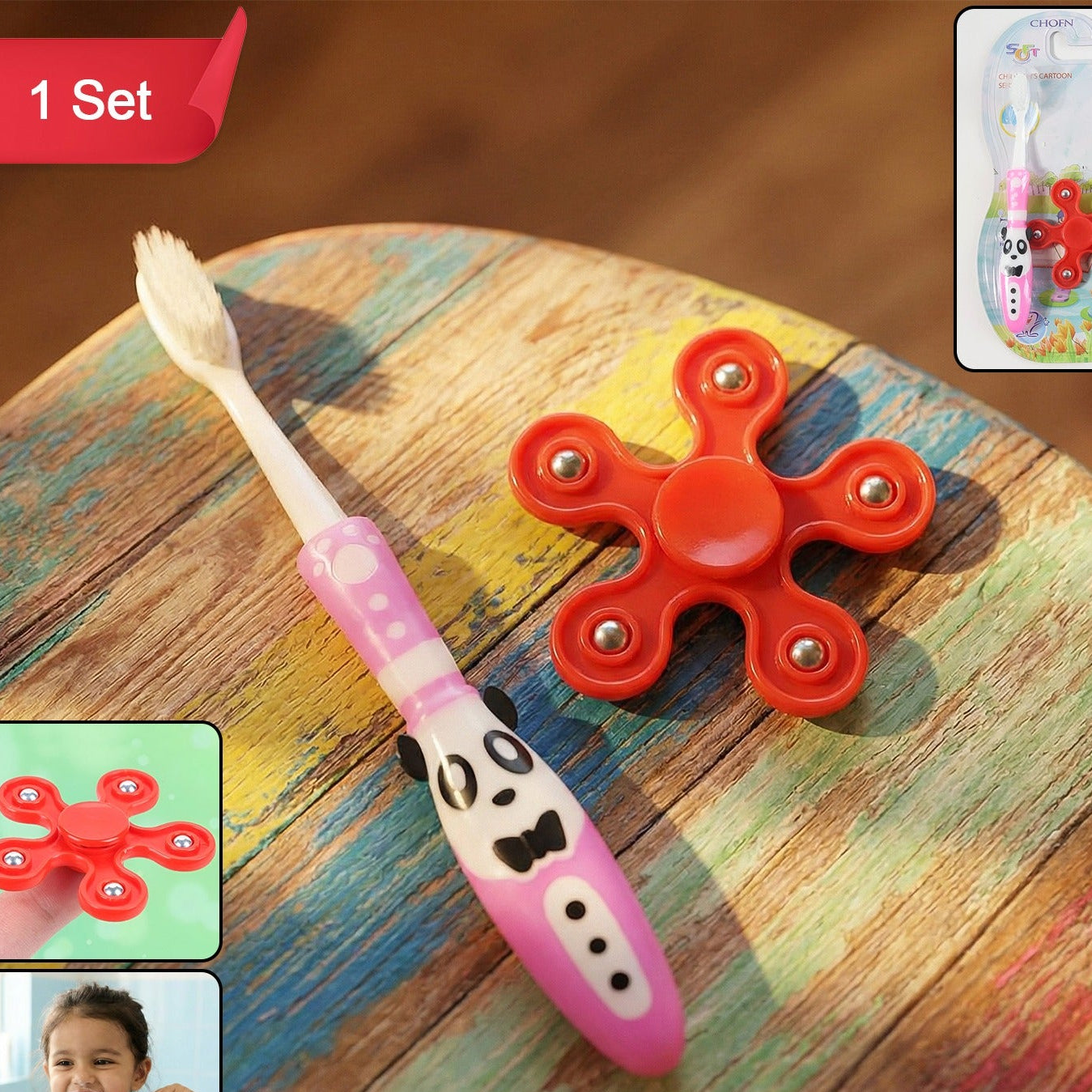Kids Toothbrush & Fidget Spinner Fun Set - Panda Design - Happy Price - Image 1